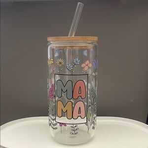 Floral Glass Tumbler with Bamboo Lid and Straw